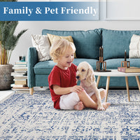Garvee Area Rug 8x10 Washable Rug Blue Vintage Rug Traditional Floor Cover Thin Rug Retro Kitchen Indoor Distressed Non Slip Carpet Floral Print Mat Living Room Bedroom Dining Room