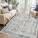 Garvee 5x7 Washable Area Rug Vintage Rug Traditional Floor Cover Foldable Thin Rug Kitchen Accent Rug Indoor Distressed Non Slip Carpet Floral Print Mat Bedroom Living Room Bathroom Grey - Gray