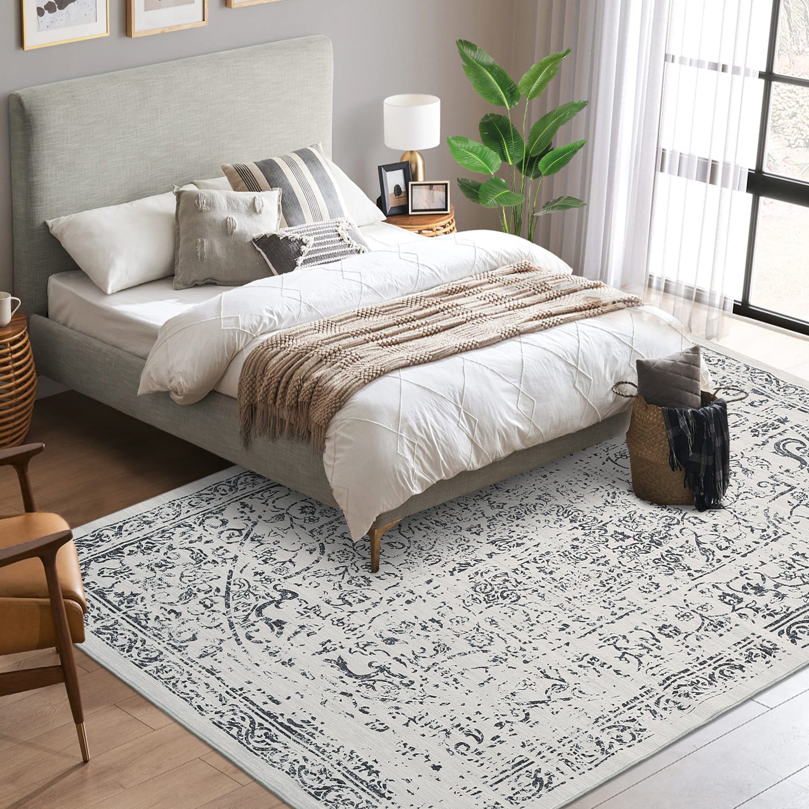 Garvee 5x7 Washable Area Rug Vintage Rug Traditional Floor Cover Foldable Thin Rug Kitchen Accent Rug Indoor Distressed Non Slip Carpet Floral Print Mat Bedroom Living Room Bathroom Grey