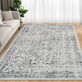 Garvee 5x7 Washable Area Rug Vintage Rug Traditional Floor Cover Foldable Thin Rug Kitchen Accent Rug Indoor Distressed Non Slip Carpet Floral Print Mat Bedroom Living Room Bathroom Grey