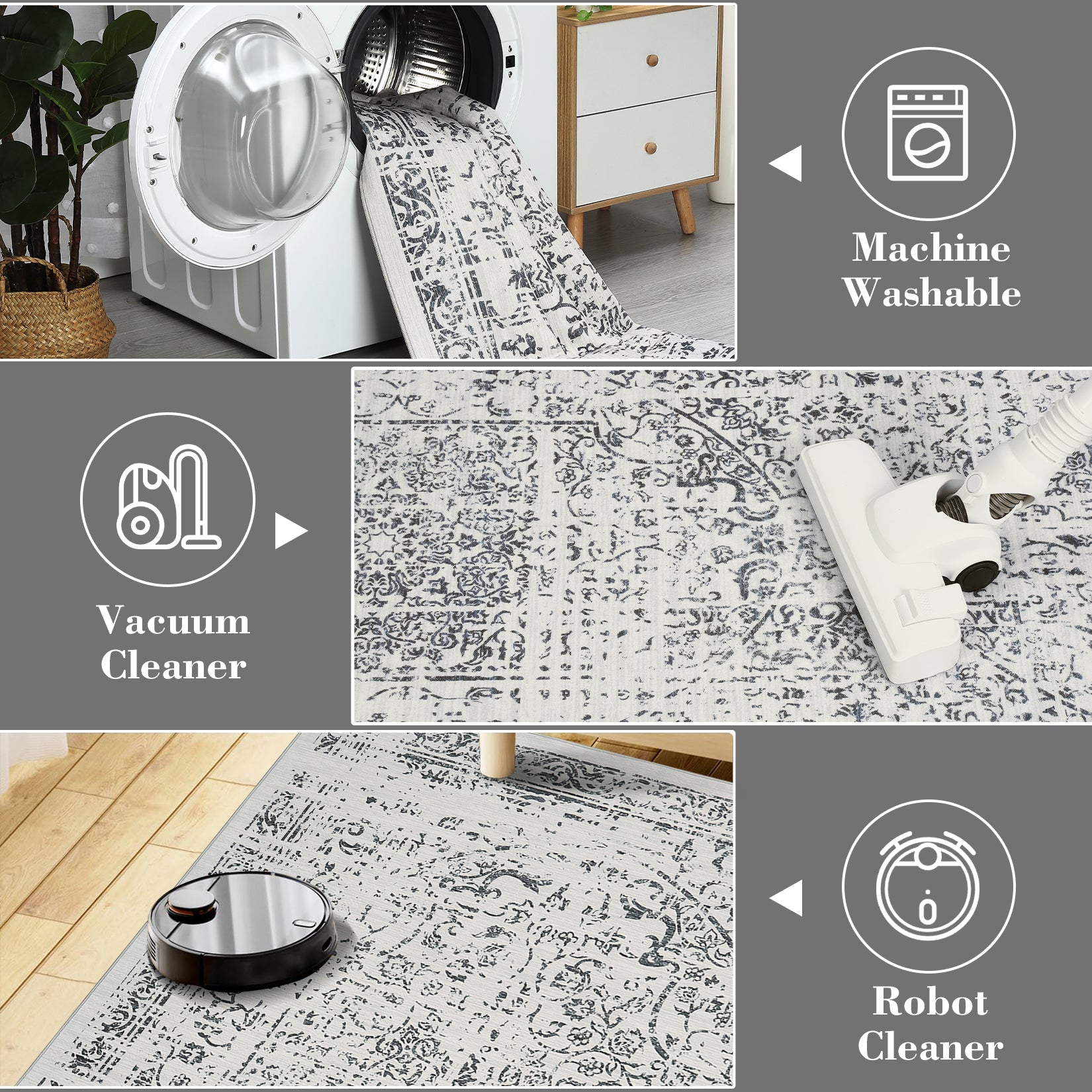 Garvee 5x7 Washable Area Rug Vintage Rug Traditional Floor Cover Foldable Thin Rug Kitchen Accent Rug Indoor Distressed Non Slip Carpet Floral Print Mat Bedroom Living Room Bathroom Grey
