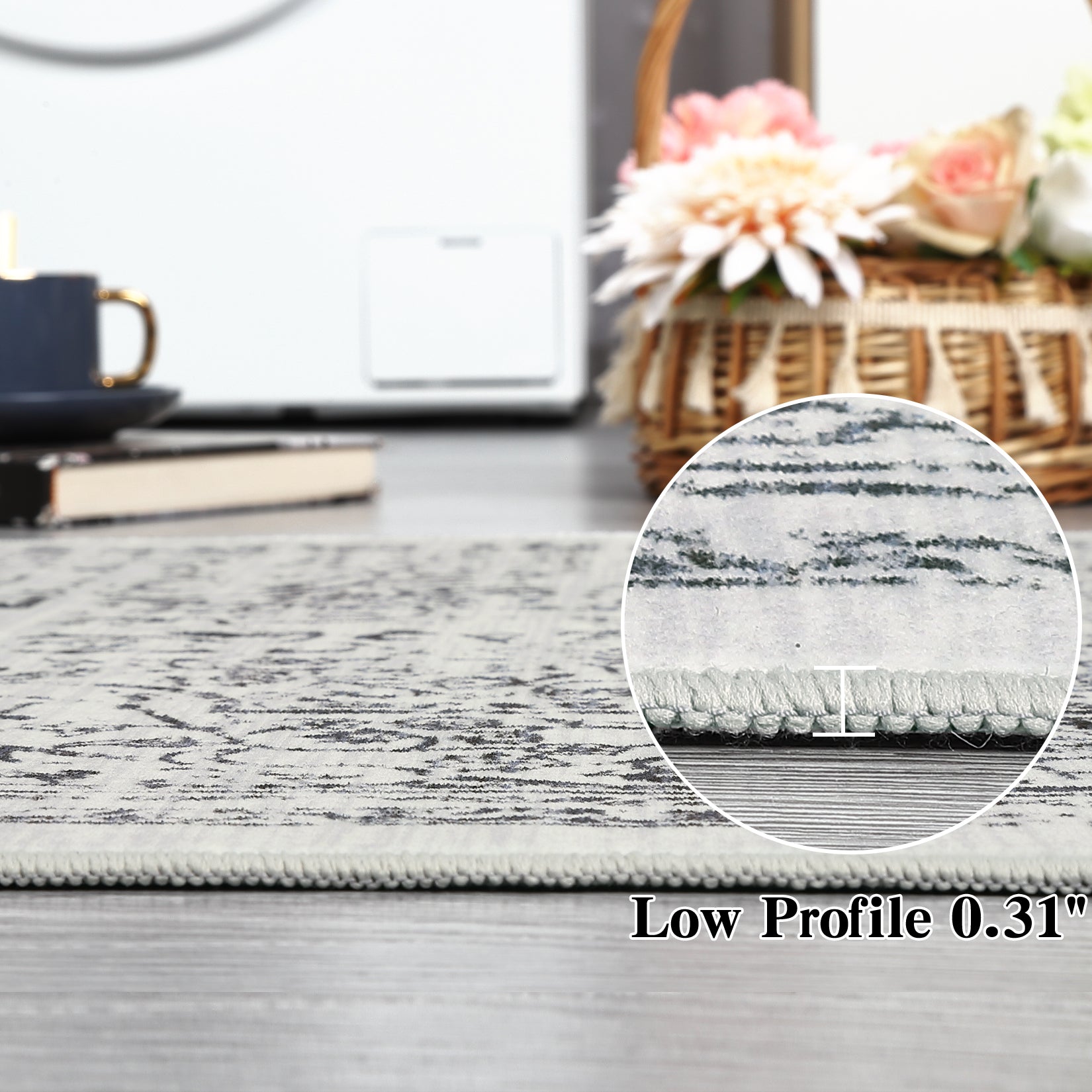 Garvee 5x7 Washable Area Rug Vintage Rug Traditional Floor Cover Foldable Thin Rug Kitchen Accent Rug Indoor Distressed Non Slip Carpet Floral Print Mat Bedroom Living Room Bathroom Grey