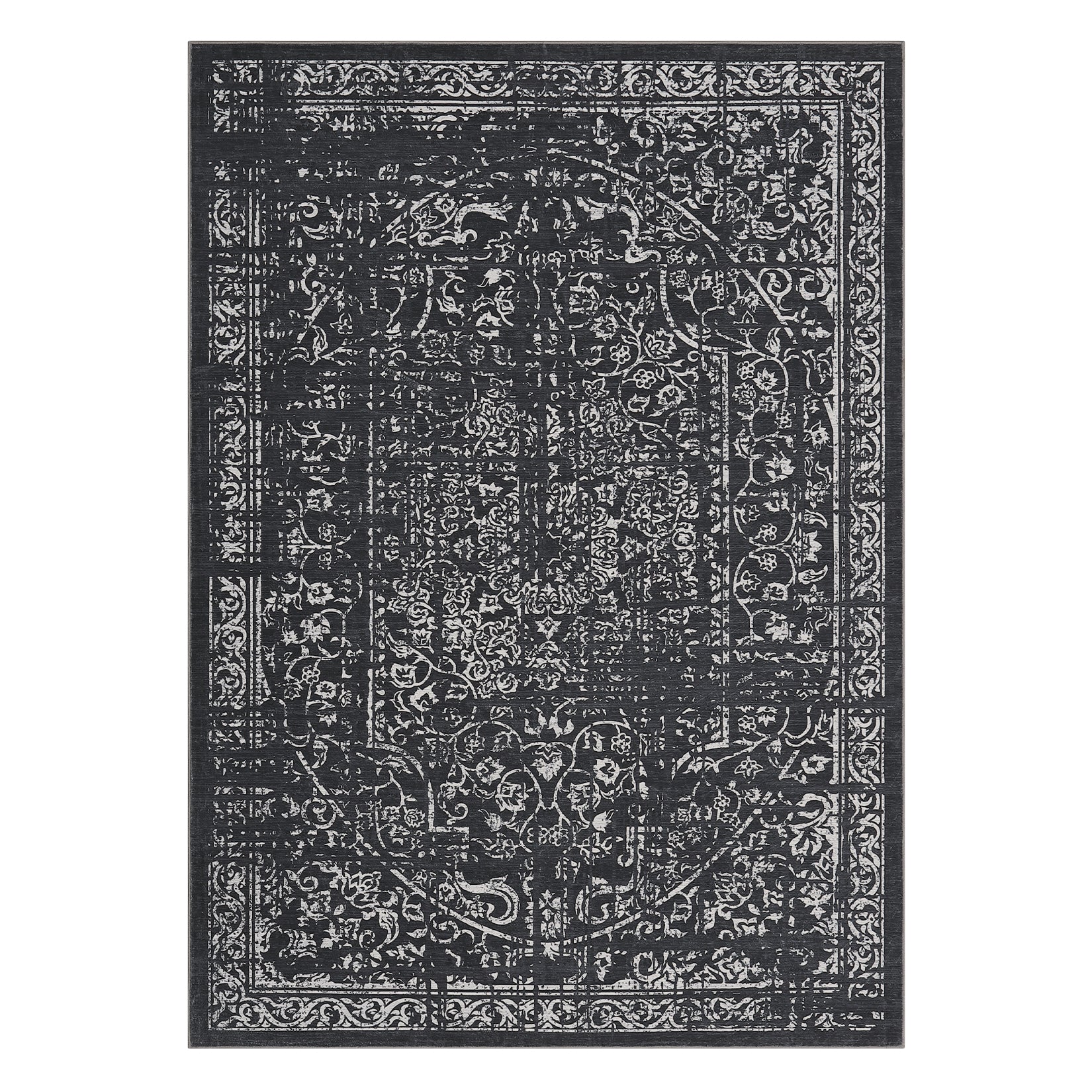 Garvee Machine Washable 9x12 Area Rugs for Living Room Vintage Rugs Non Slip Low Pile Water Resistant Soft Print Pattern Carpet for Bedroom Indoor Decor Polyester Rug Black