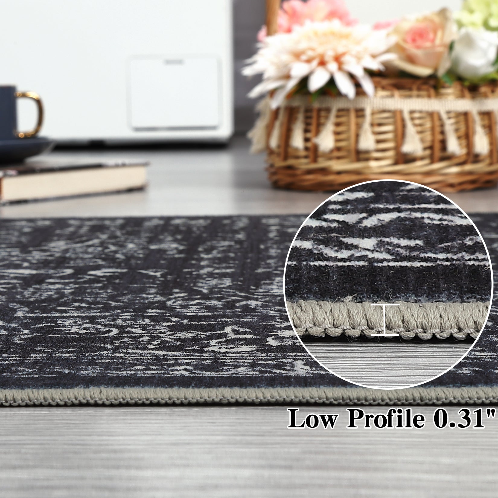 Garvee Machine Washable 9x12 Area Rugs for Living Room Vintage Rugs Non Slip Low Pile Water Resistant Soft Print Pattern Carpet for Bedroom Indoor Decor Polyester Rug Black