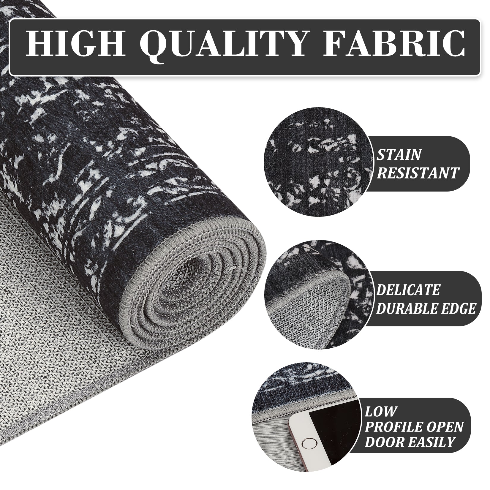 Garvee Machine Washable 9x12 Area Rugs for Living Room Vintage Rugs Non Slip Low Pile Water Resistant Soft Print Pattern Carpet for Bedroom Indoor Decor Polyester Rug Black