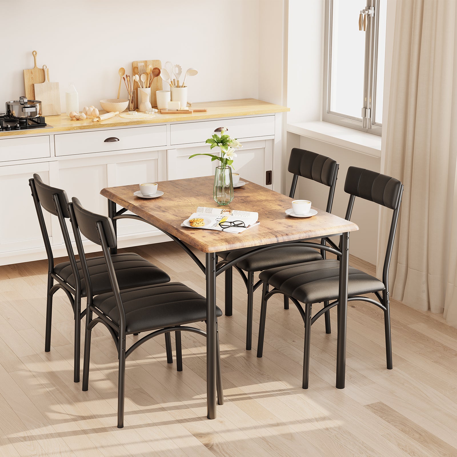 Garvee 5 Piece Dining Table Set for 4, Kitchen Table and Chairs Rectangular, Metal and Wood Dinning Room Table Furniture Set for Kitchen, Apartment, Brown