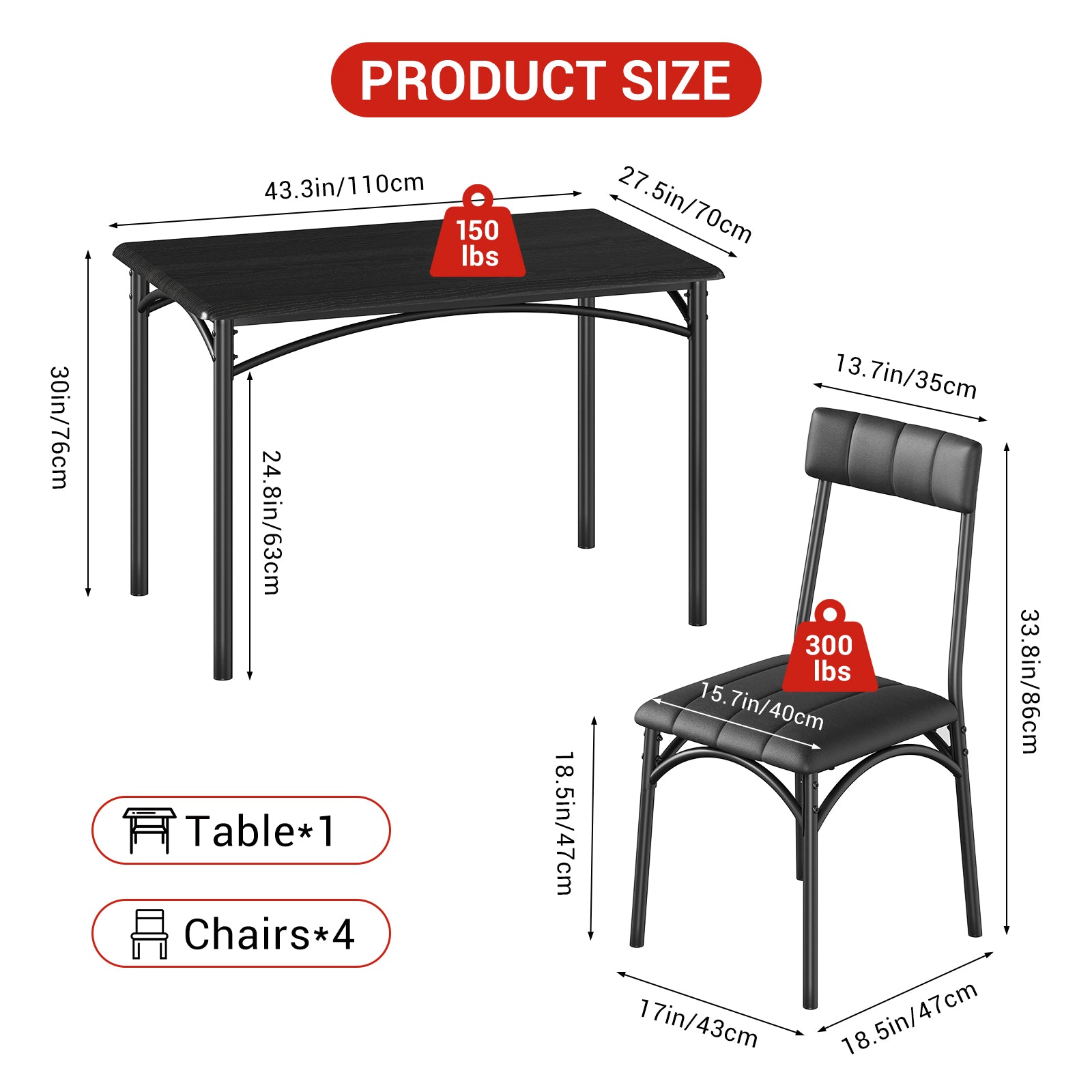 Garvee Dining Table Set for 4, Kitchen Table with 4 Upholstered Chairs, Wood Rectangular Dining Table and Chairs Set, for Small Space, Apartment, Dinner, Black