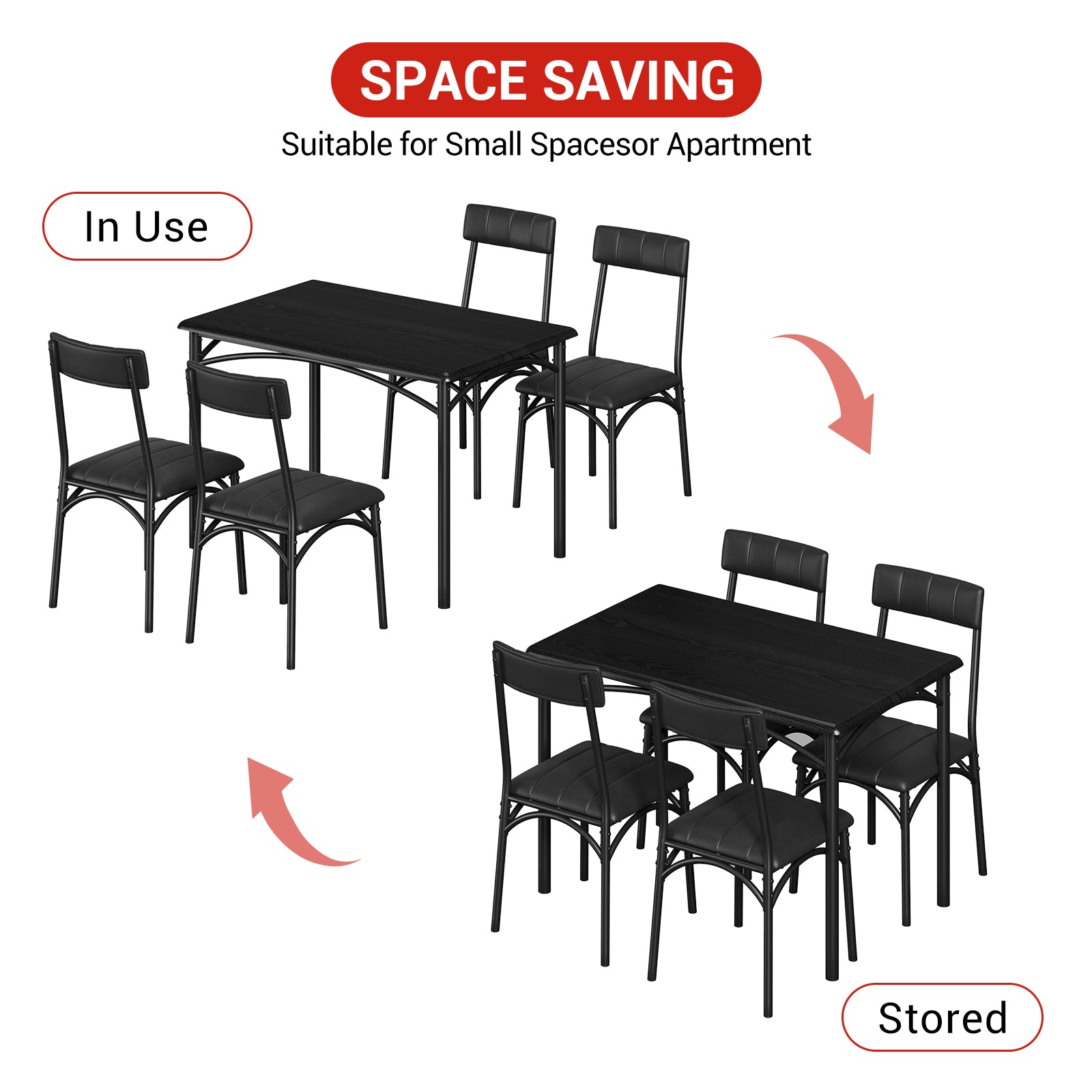 Garvee Dining Table Set for 4, Kitchen Table with 4 Upholstered Chairs, Wood Rectangular Dining Table and Chairs Set, for Small Space, Apartment, Dinner, Black