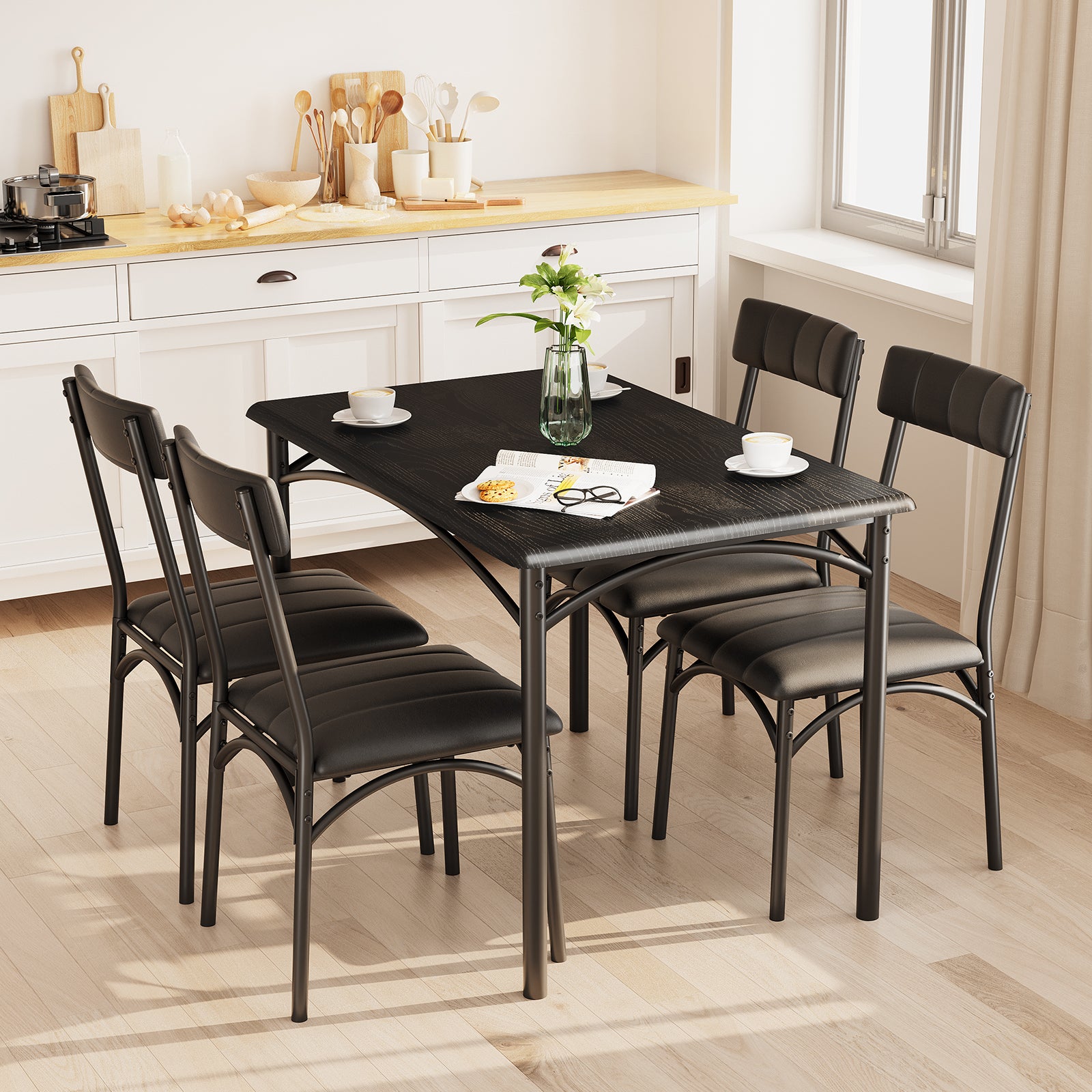 Garvee Dining Table Set for 4, Kitchen Table with 4 Upholstered Chairs, Wood Rectangular Dining Table and Chairs Set, for Small Space, Apartment, Dinner, Black