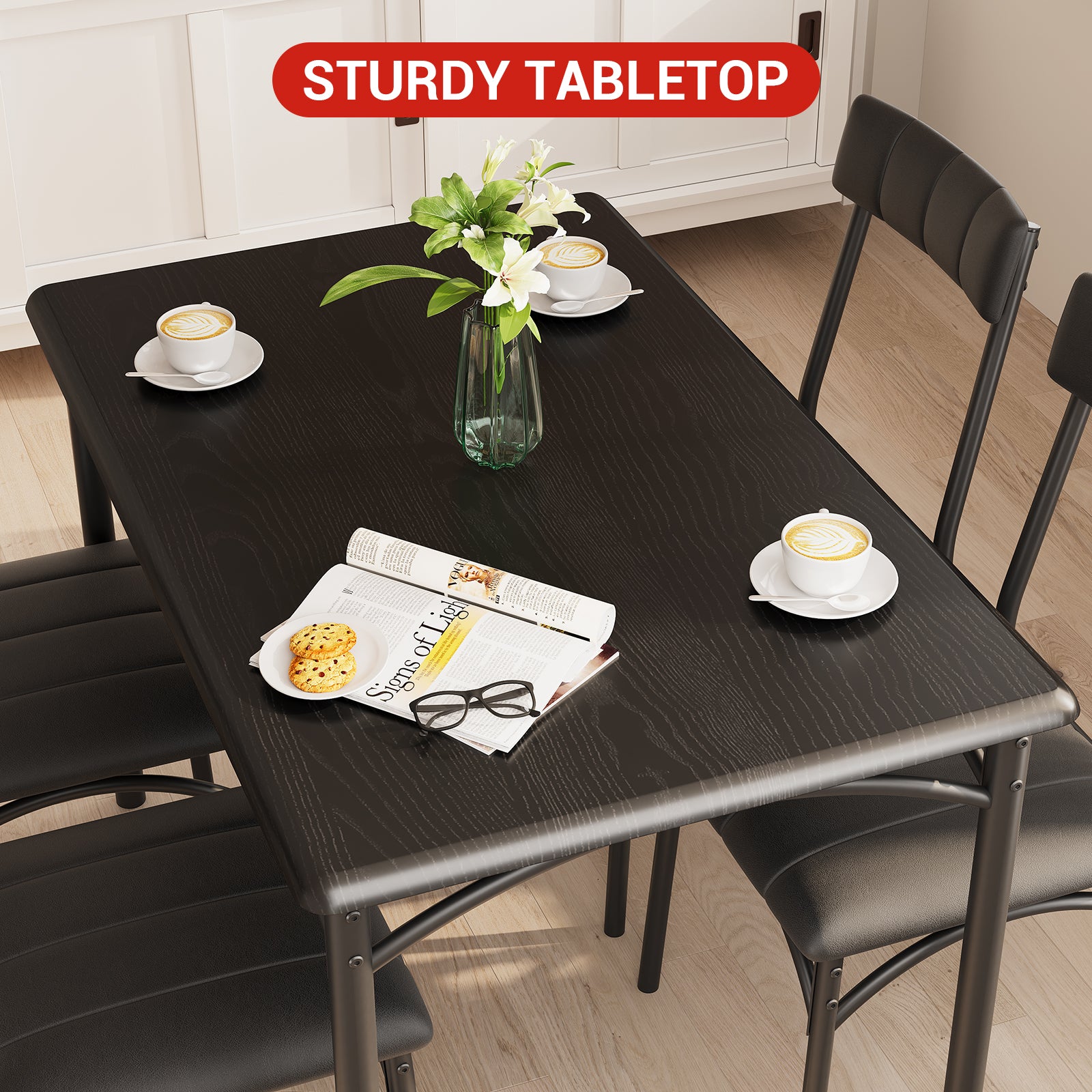Garvee Dining Table Set for 4, Kitchen Table with 4 Upholstered Chairs, Wood Rectangular Dining Table and Chairs Set, for Small Space, Apartment, Dinner, Black