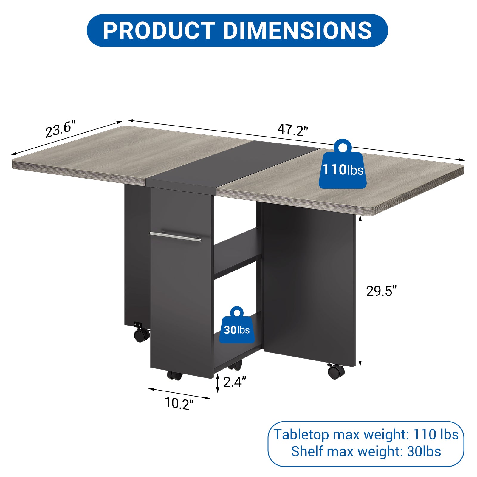 Garvee 47.2" Drop Leaf Dining Table in Movable Design with 2 Storage Shelf and 6 Wheels, Grey