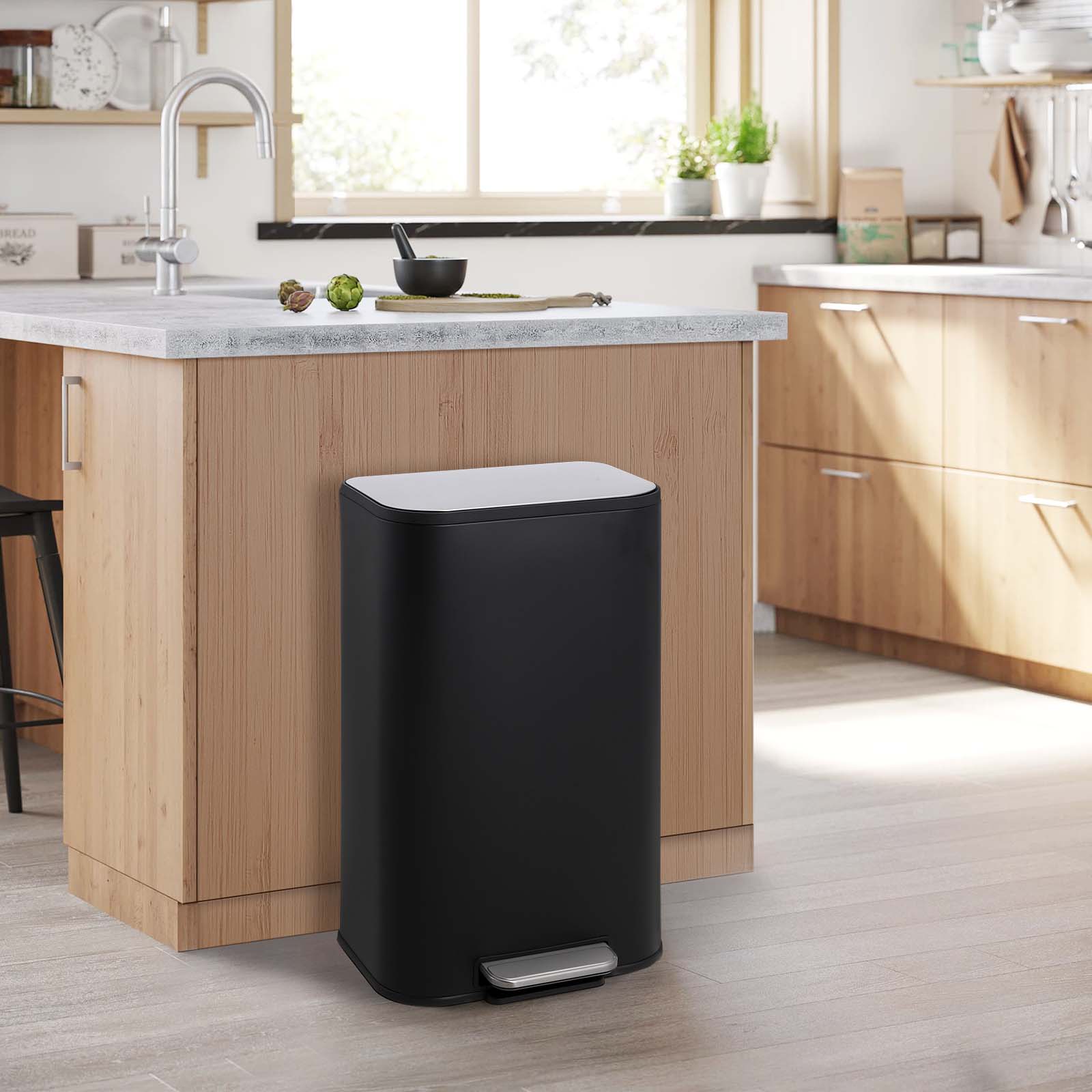 Garvee Kitchen Trash Can, 8 Gallon Stainless Steel Garbage Can with Soft Close Lid Foot Pedal & Removable Inner Bucket, Rectangular Step On Waste Bin for Home Office Living Room, Black