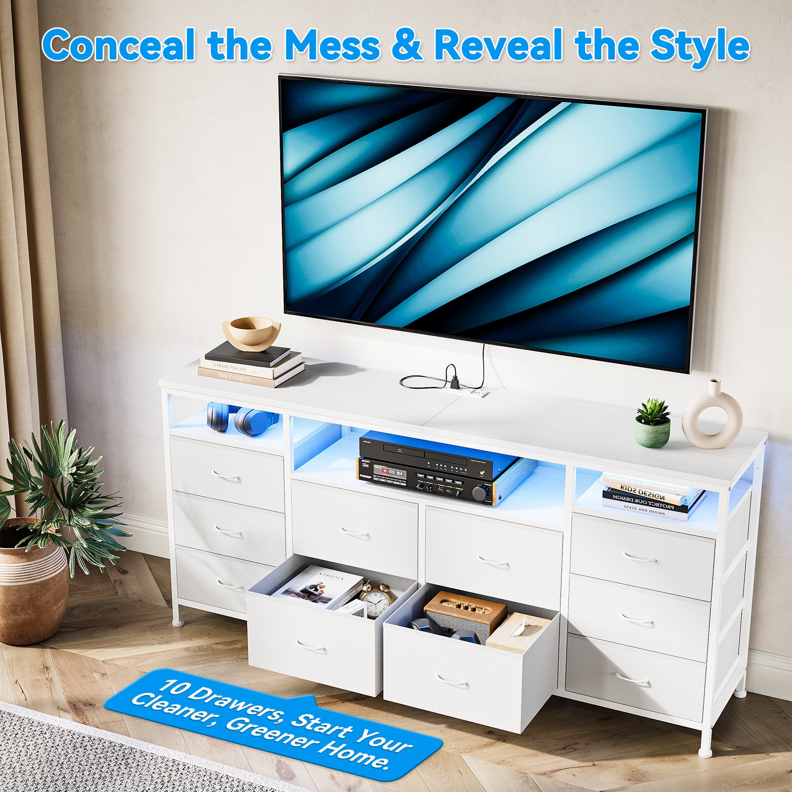 Garvee 63.3 Inch Dresser for Bedroom, 10 Drawer Dresser TV Stand for 65-75" TV, Fabric Chest of Drawers with Led Lights & Power Outlets, Long Entertainment Center for Closet, Living Room, White