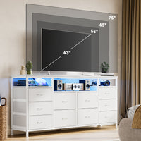 Garvee 63.3 Inch Dresser for Bedroom, 10 Drawer Dresser TV Stand for 65-75" TV, Fabric Chest of Drawers with Led Lights & Power Outlets, Long Entertainment Center for Closet, Living Room, White