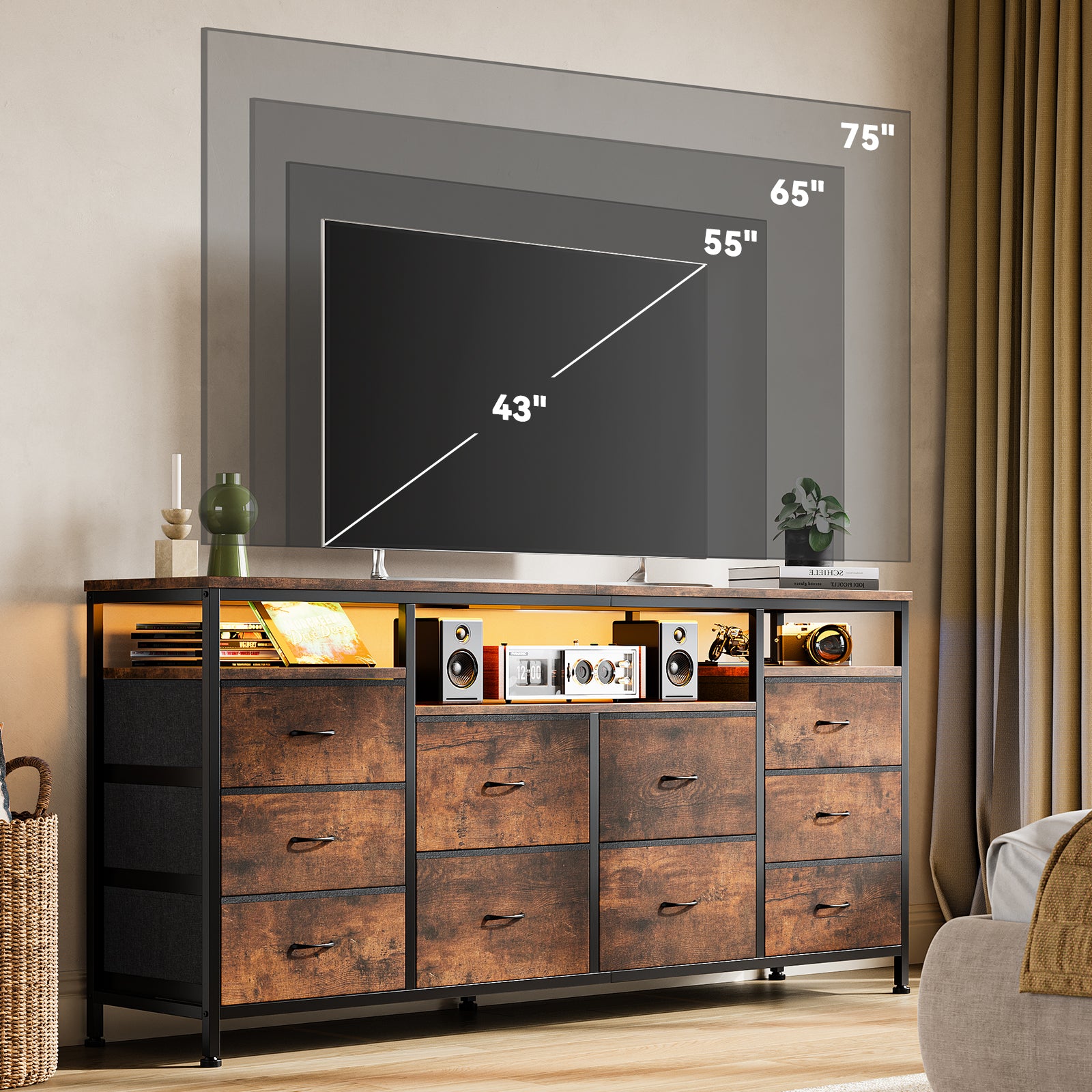Garvee 63.3" Wide Dresser TV Stand with 10 Fabric Drawers, USB Charging, LED Lighting, Solid Wood & Metal Frame, Fits 75" TVs, Living Room Storage, Brown