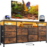 Garvee 63.3" Wide Dresser TV Stand with 10 Fabric Drawers, USB Charging, LED Lighting, Solid Wood & Metal Frame, Fits 75" TVs, Living Room Storage, Brown - Brown