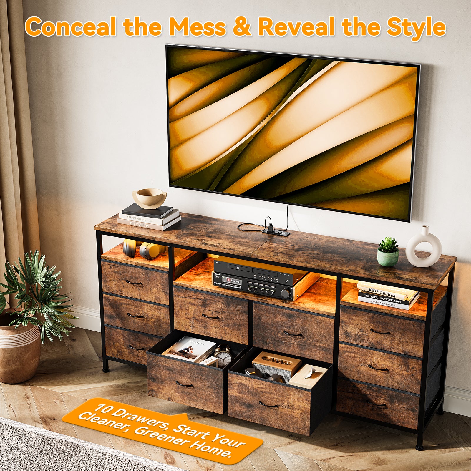 Garvee 63.3" Wide Dresser TV Stand with 10 Fabric Drawers, USB Charging, LED Lighting, Solid Wood & Metal Frame, Fits 75" TVs, Living Room Storage, Brown