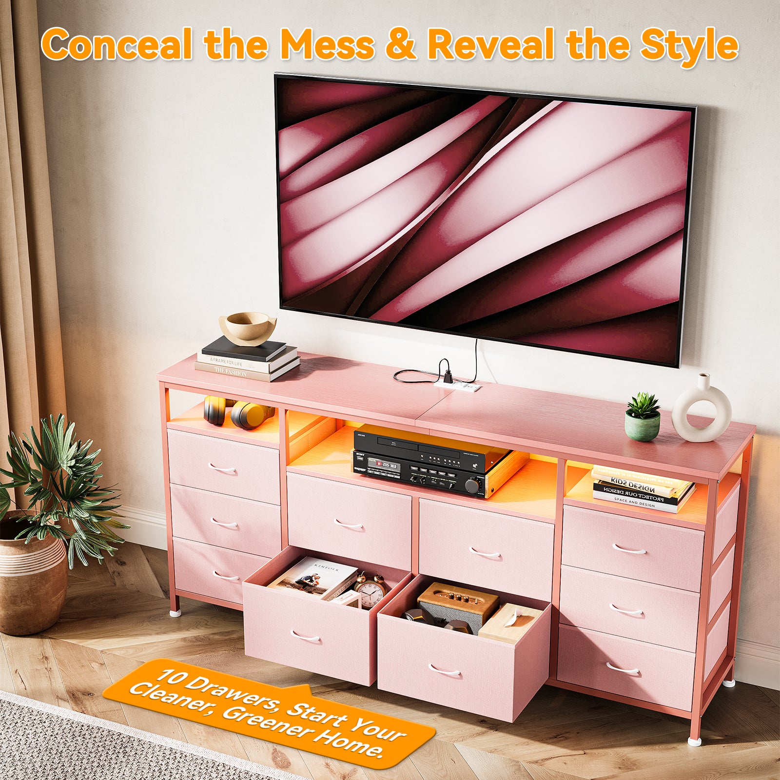 Garvee 63.3" Wide Dresser for 65-75" TV, 10 Drawer Dresser TV Stand  Fabric Chest of Drawers with Led Lights & Power Outlets, Long Entertainment Center for Bedroom, Living Room, Pink