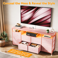 Garvee 63.3" Wide Dresser for 65-75" TV, 10 Drawer Dresser TV Stand  Fabric Chest of Drawers with Led Lights & Power Outlets, Long Entertainment Center for Bedroom, Living Room, Pink