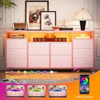 Garvee 63.3" Wide Dresser for 65-75" TV, 10 Drawer Dresser TV Stand  Fabric Chest of Drawers with Led Lights & Power Outlets, Long Entertainment Center for Bedroom, Living Room, Pink