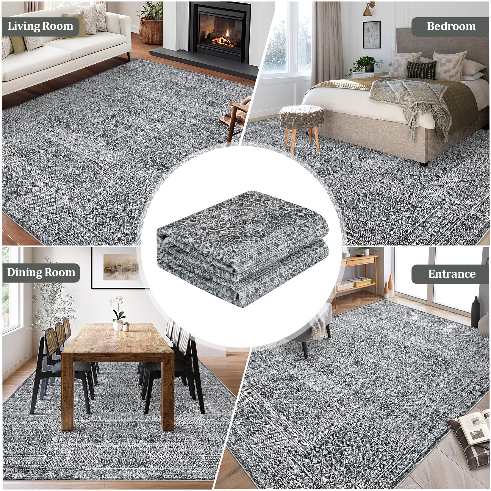 Garvee Washable Area Rug 8x10, Soft Low Pile Vintage Patchwork Large Area Rug Non-Slip Indoor Floor Carpet for Living Room Bedroom Dining Room, Grey