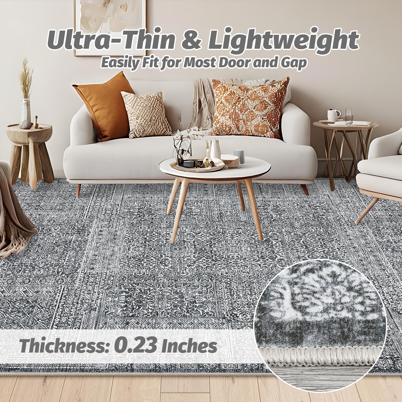 Garvee Washable Area Rug 8x10, Soft Low Pile Vintage Patchwork Large Area Rug Non-Slip Indoor Floor Carpet for Living Room Bedroom Dining Room, Grey