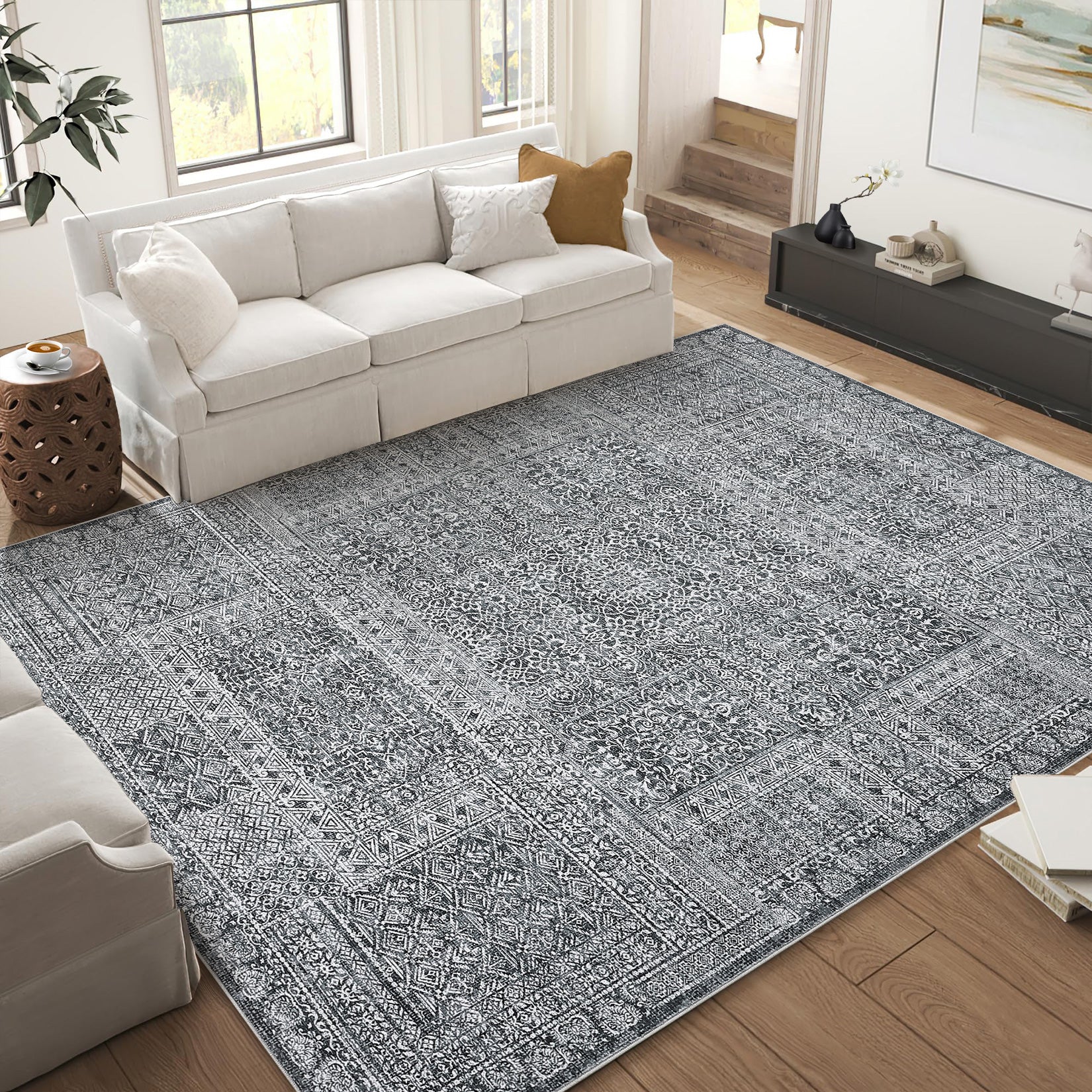 Garvee Washable Area Rug 8x10, Soft Low Pile Vintage Patchwork Large Area Rug Non-Slip Indoor Floor Carpet for Living Room Bedroom Dining Room, Grey
