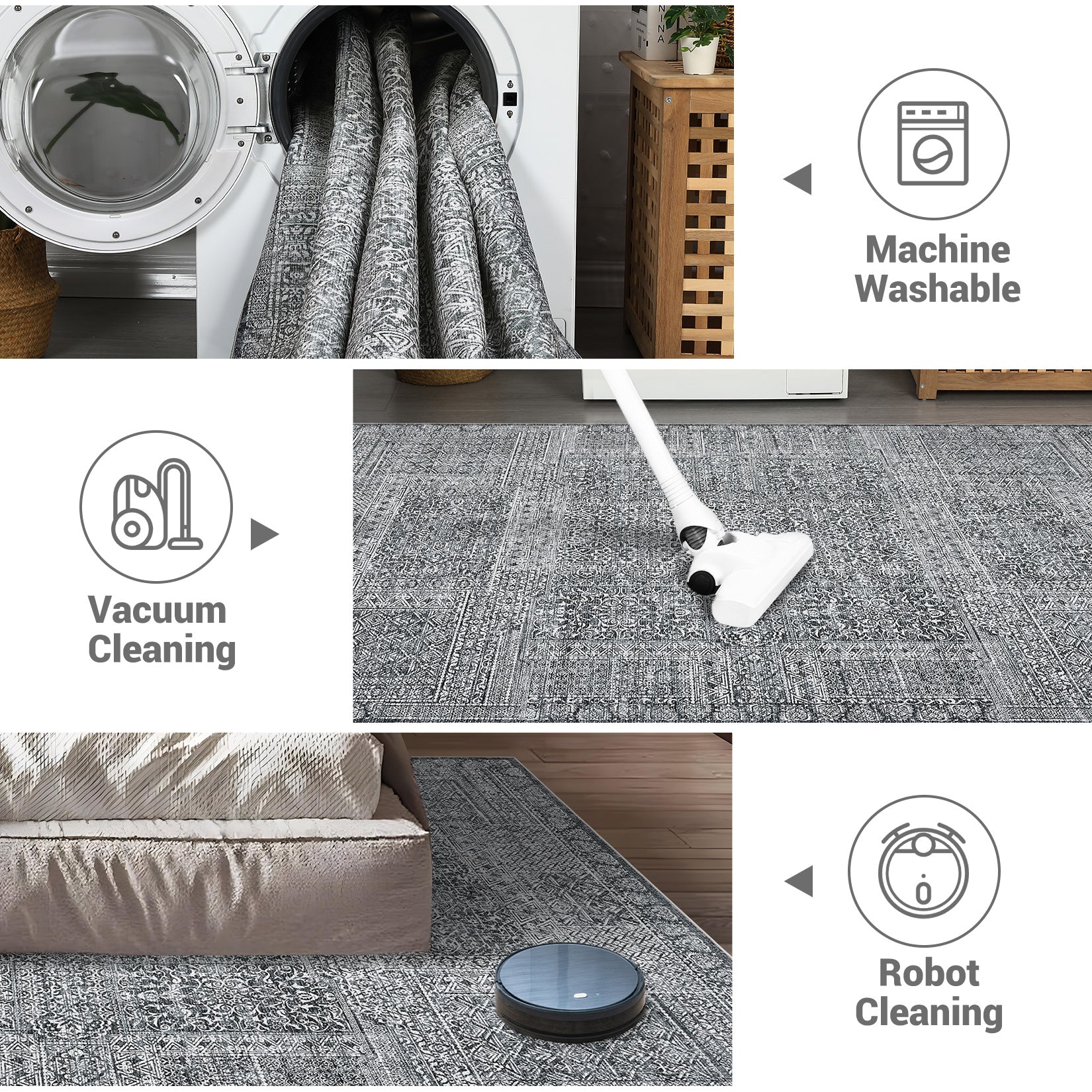 Garvee Washable Area Rug 9x12, Soft Low Pile Vintage Patchwork Large Area Rug Non-Slip Indoor Floor Carpet for Living Room Bedroom Dining Room, Grey