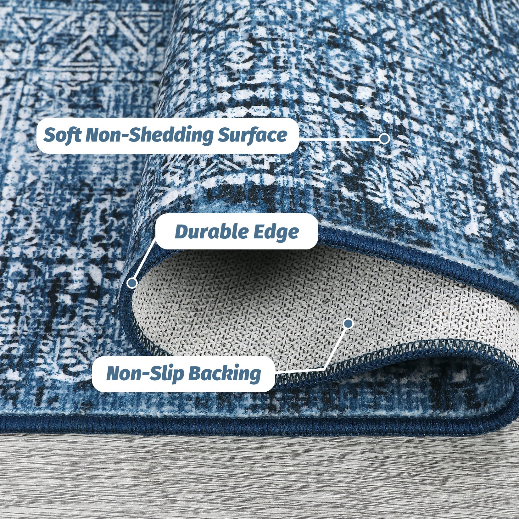 Garvee Area Rug 9x12 Washable, Soft Low Pile Vintage Patchwork Large Area Rug Non-Slip Indoor Floor Carpet for Living Room Bedroom Dining Room, Navy Blue