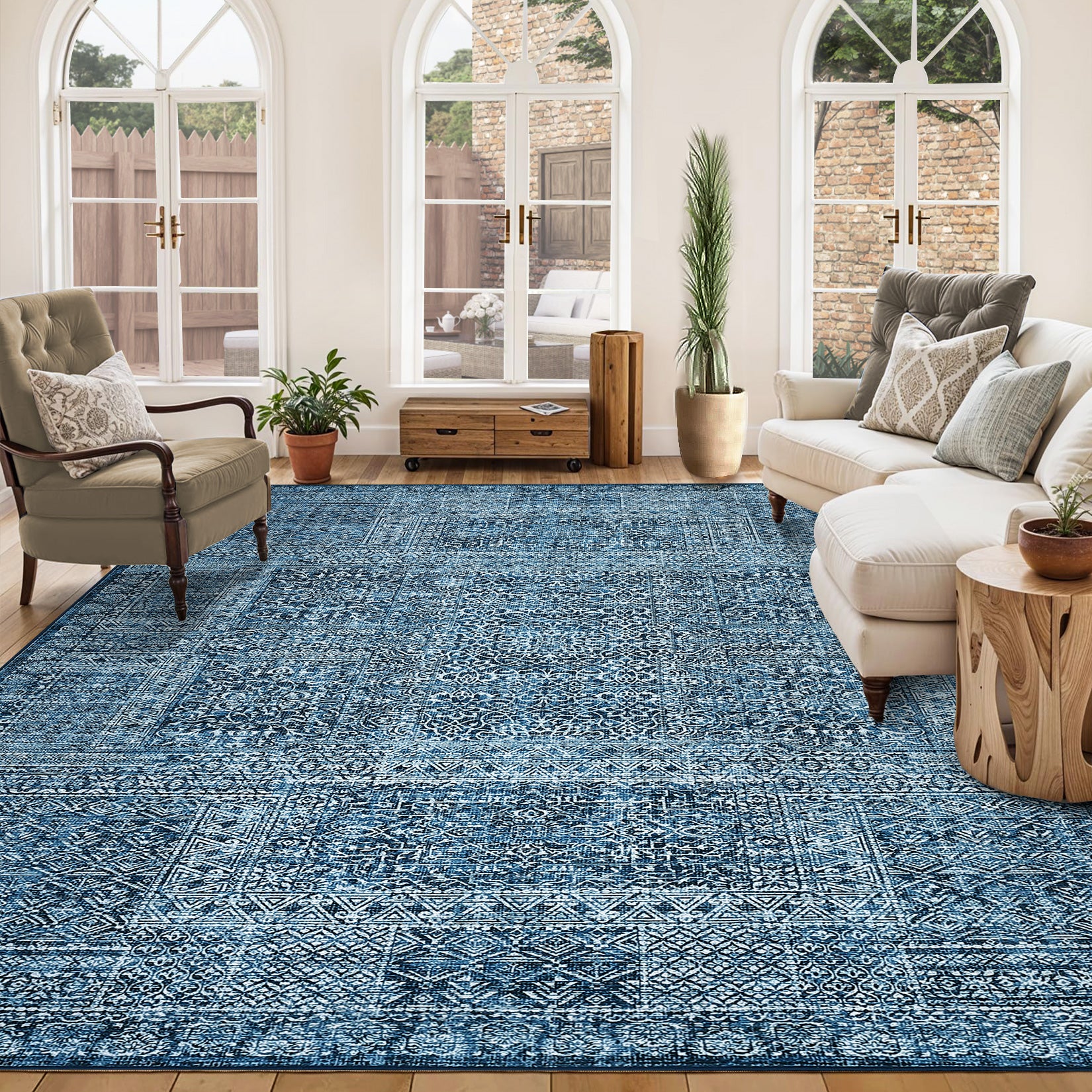 Garvee 8x10 Area Rug Washable, Soft Low Pile Vintage Patchwork Large Area Rug Non-Slip Indoor Floor Carpet for Living Room Bedroom Dining Room, Navy Blue