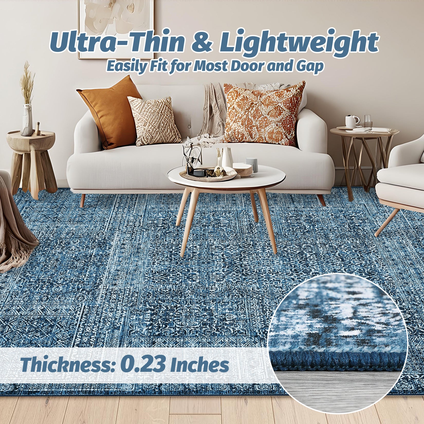 Garvee Area Rug 9x12 Washable, Soft Low Pile Vintage Patchwork Large Area Rug Non-Slip Indoor Floor Carpet for Living Room Bedroom Dining Room, Navy Blue