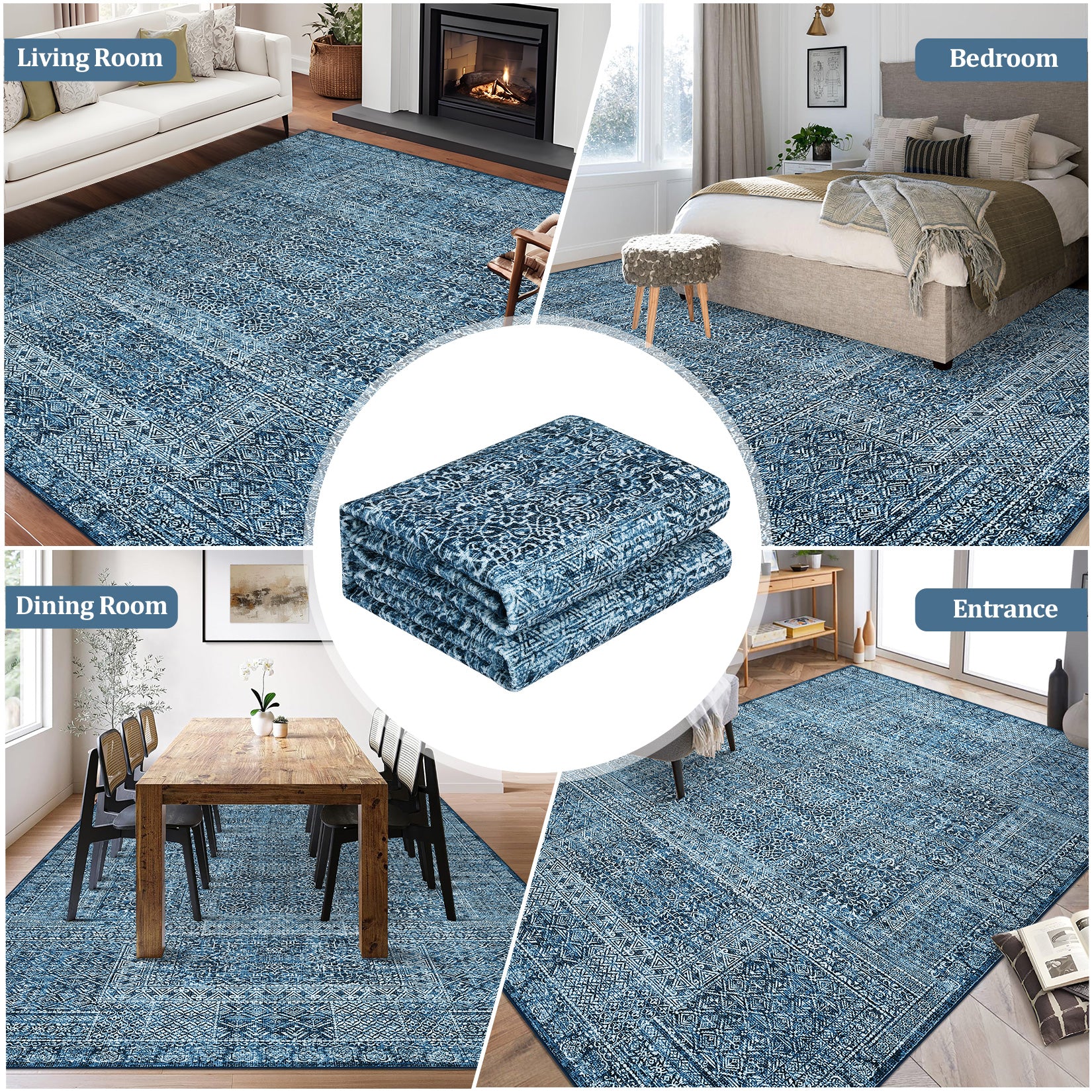 Garvee Area Rug 9x12 Washable, Soft Low Pile Vintage Patchwork Large Area Rug Non-Slip Indoor Floor Carpet for Living Room Bedroom Dining Room, Navy Blue