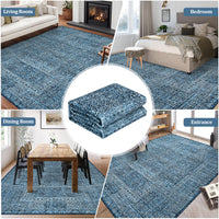 Garvee Area Rug 9x12 Washable, Soft Low Pile Vintage Patchwork Large Area Rug Non-Slip Indoor Floor Carpet for Living Room Bedroom Dining Room, Navy Blue