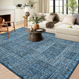 Garvee 8x10 Area Rug Washable, Soft Low Pile Vintage Patchwork Large Area Rug Non-Slip Indoor Floor Carpet for Living Room Bedroom Dining Room, Navy Blue - Blue