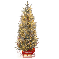 Garvee 4.5ft Pre-Lit Christmas Tree, Snow Flocked Christmas Tree with 200 Led Lights, 8 Lighting Modes, Sleigh Ride Base, Artificial Xmas Tree for Home Decoration, 1 PC