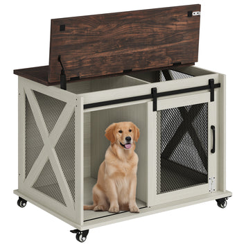 Garvee 37” Sliding Barn Door Dog Crate Furniture with Flip Top and Movable Divider, Wooden Dog Crate Table, Dog Kennel Side End Table, Furniture Style Large Dog House, White