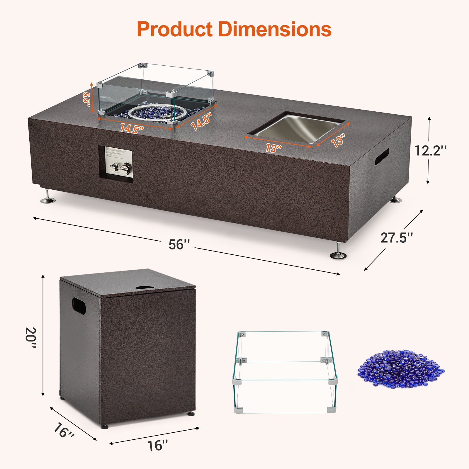 Garvee 56" 50000 BTU Rectangular Propane Fire Pit Table , Push-Button Ignition, Glass Wind Guard, Includes Lid & Weather Cover
