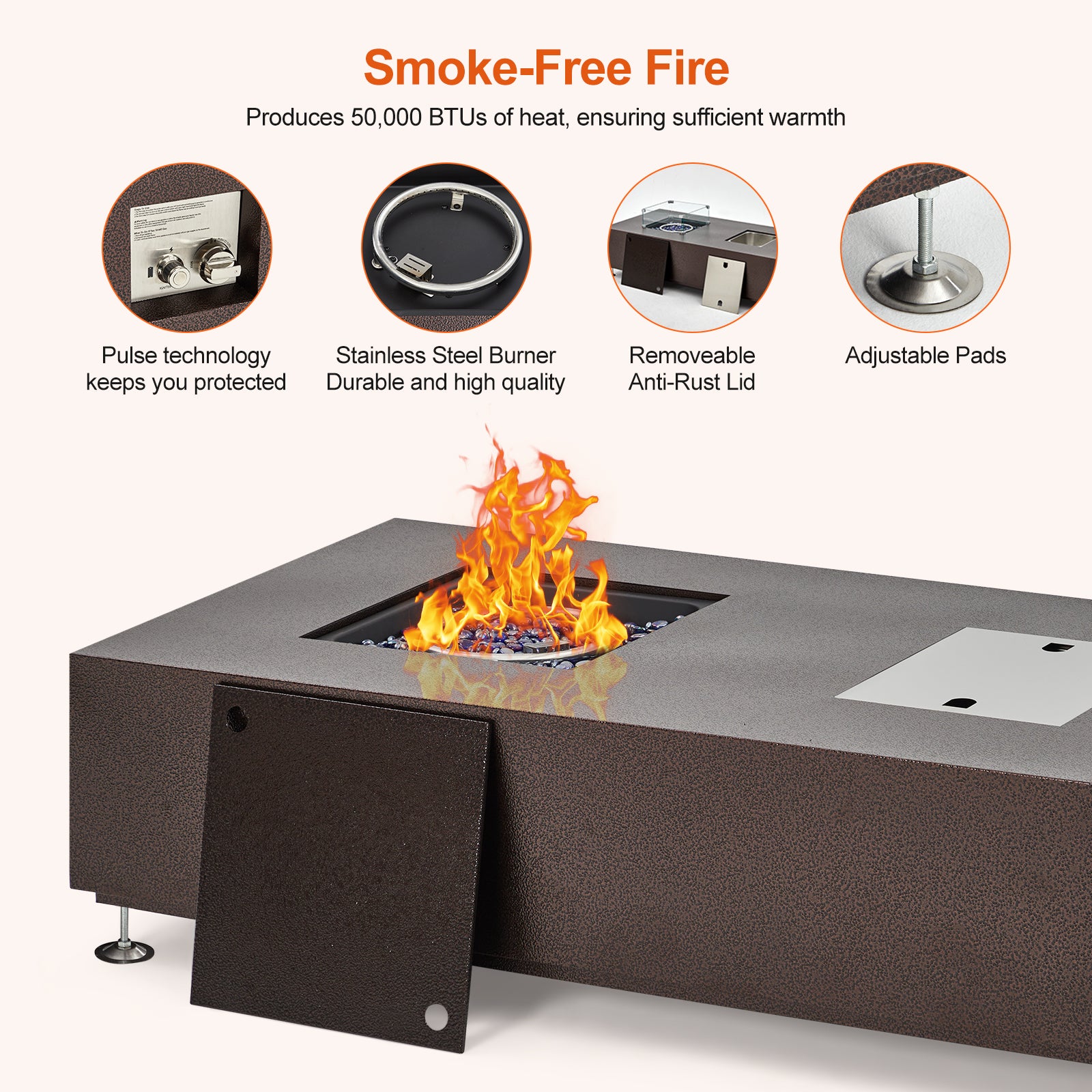 Garvee 56" 50000 BTU Rectangular Propane Fire Pit Table , Push-Button Ignition, Glass Wind Guard, Includes Lid & Weather Cover