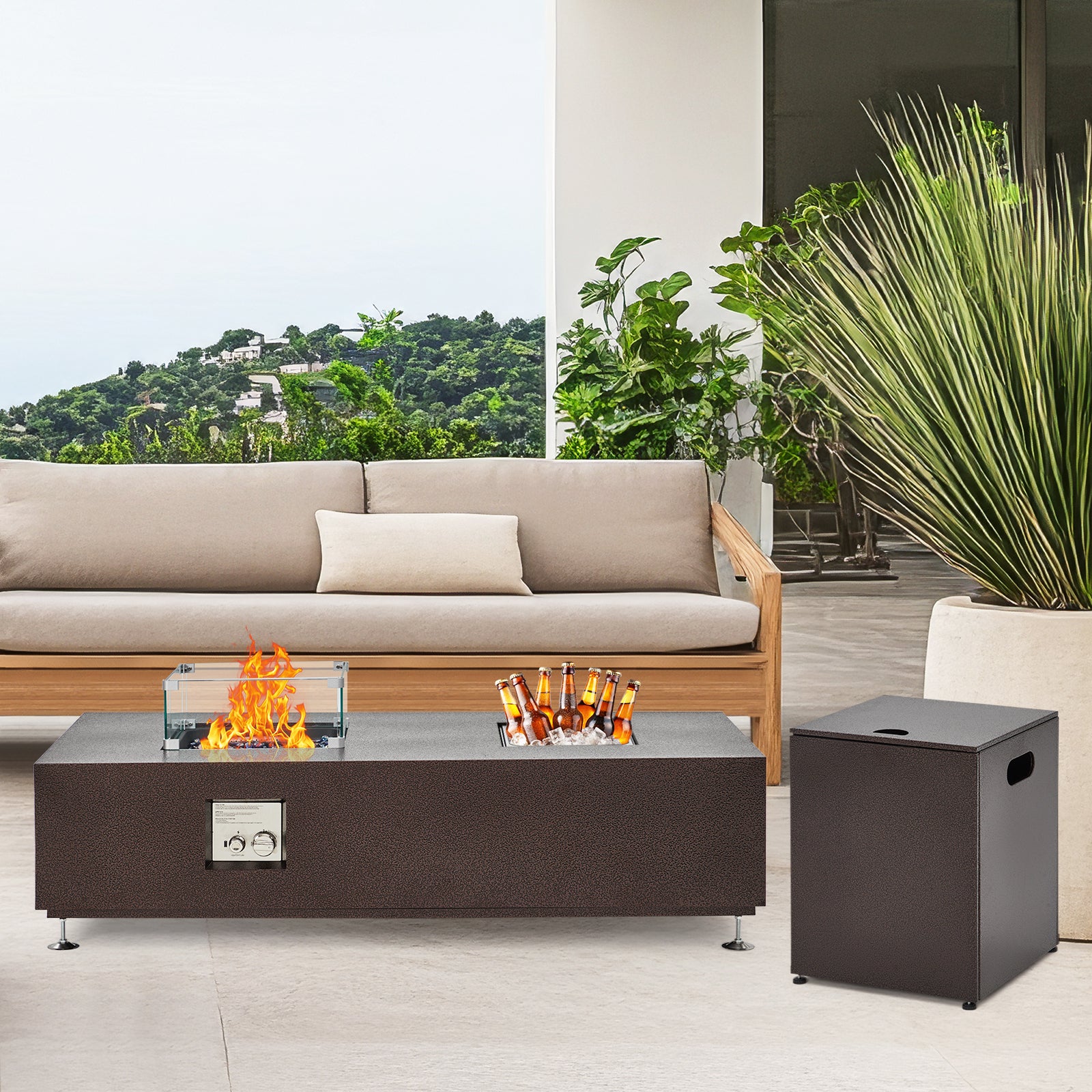 Garvee 56" 50000 BTU Rectangular Propane Fire Pit Table , Push-Button Ignition, Glass Wind Guard, Includes Lid & Weather Cover