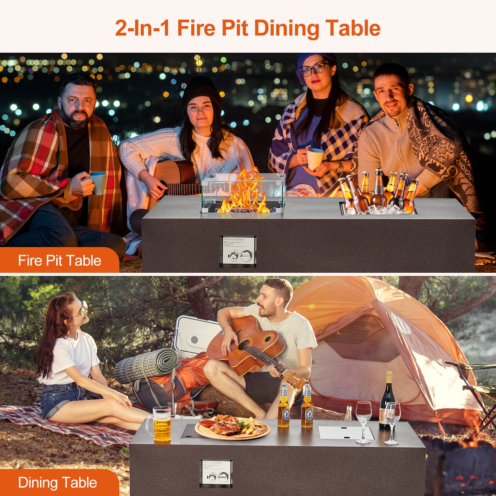 Garvee 56" 50000 BTU Rectangular Propane Fire Pit Table , Push-Button Ignition, Glass Wind Guard, Includes Lid & Weather Cover