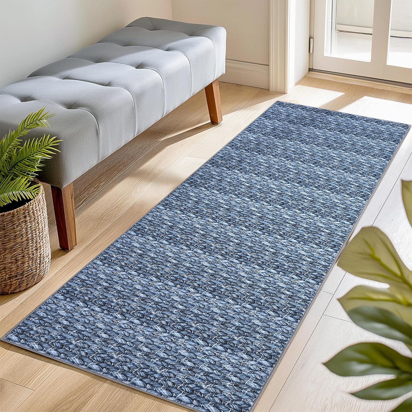 Garvee Modern Grey Blue 2x6 Washable Runner Rugs, Woven Pattern Hallway Rugs with Non-Slip Backing, Soft Low Pile Area Rugs, Non-Shedding Contemporary Floor Carpet for Bedroom, Laundry