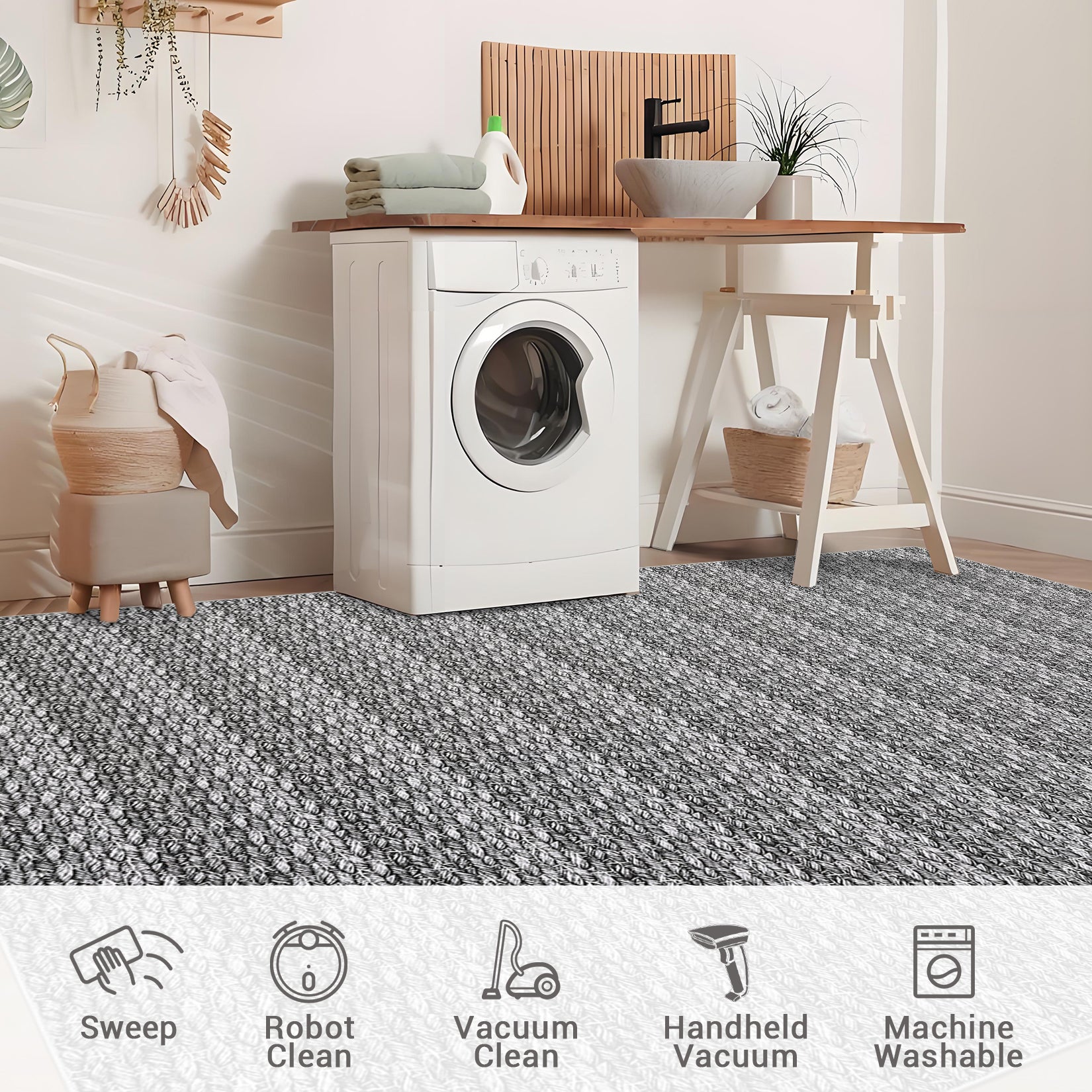 Garvee Modern Grey 5x7 Area Rugs Woven Pattern Accent Rugs with Non-Slip Backing, Washable Soft Low Pile Floor Carpet, Non-Shedding Contemporary Throw Rugs for Kitchen, Bedroom