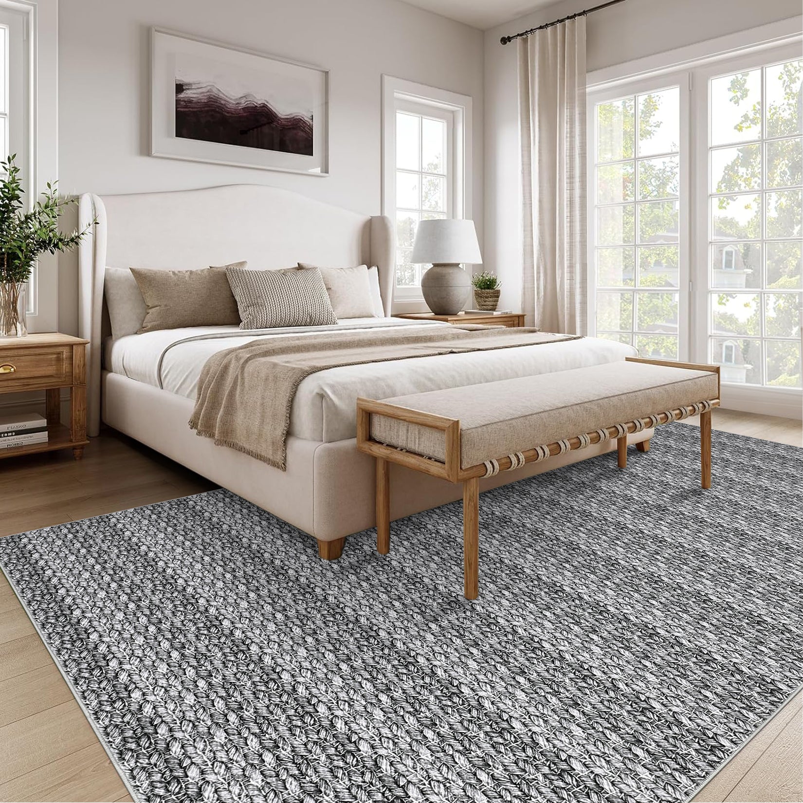 Garvee Modern Grey 5x7 Area Rugs Woven Pattern Accent Rugs with Non-Slip Backing, Washable Soft Low Pile Floor Carpet, Non-Shedding Contemporary Throw Rugs for Kitchen, Bedroom
