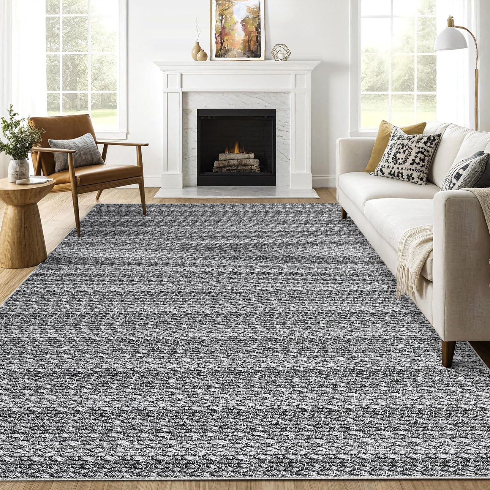 Garvee Modern Grey 5x7 Area Rugs Woven Pattern Accent Rugs with Non-Slip Backing, Washable Soft Low Pile Floor Carpet, Non-Shedding Contemporary Throw Rugs for Kitchen, Bedroom