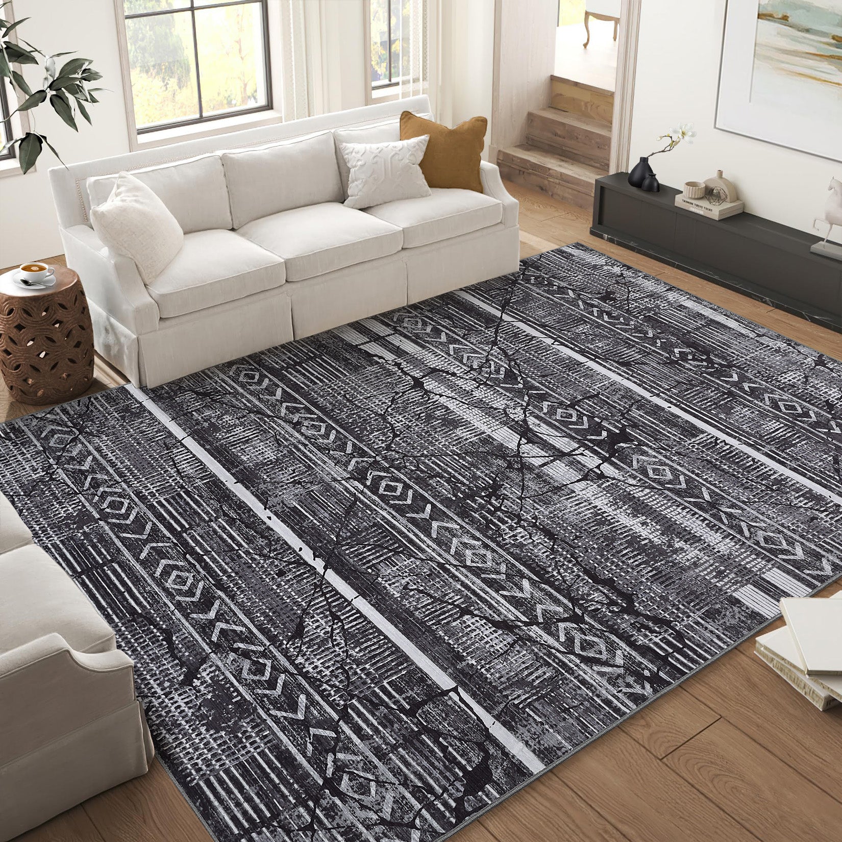 Garvee Boho Black-Grey 5x7 Washable Area Rugs for Living Room, Geometric Marble Boho Bedroom Rugs Ultra Thin Non-Slip Indoor Rugs Floor Carpet for Dining Room