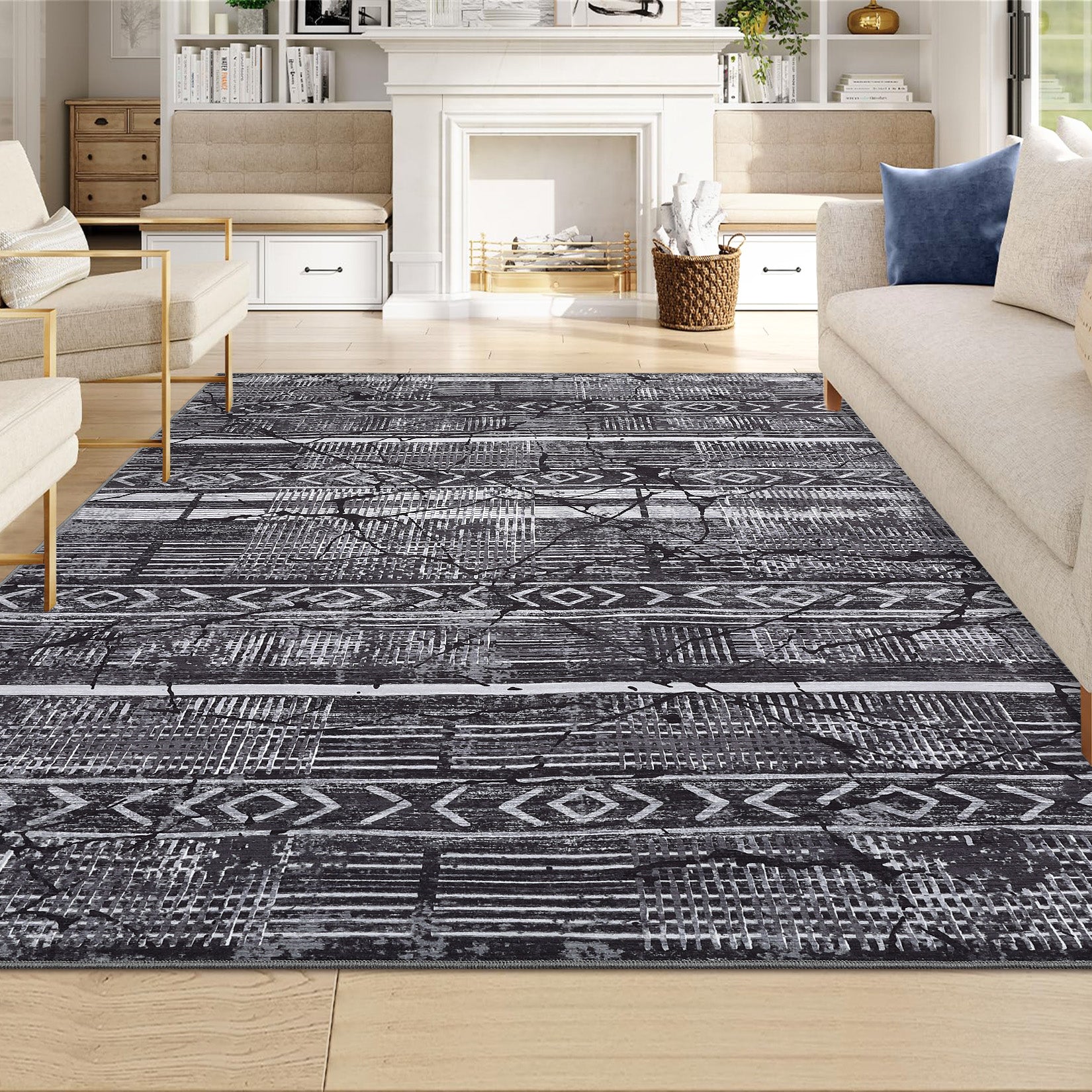 Garvee Boho Black-Grey 5x7 Washable Area Rugs for Living Room, Geometric Marble Boho Bedroom Rugs Ultra Thin Non-Slip Indoor Rugs Floor Carpet for Dining Room