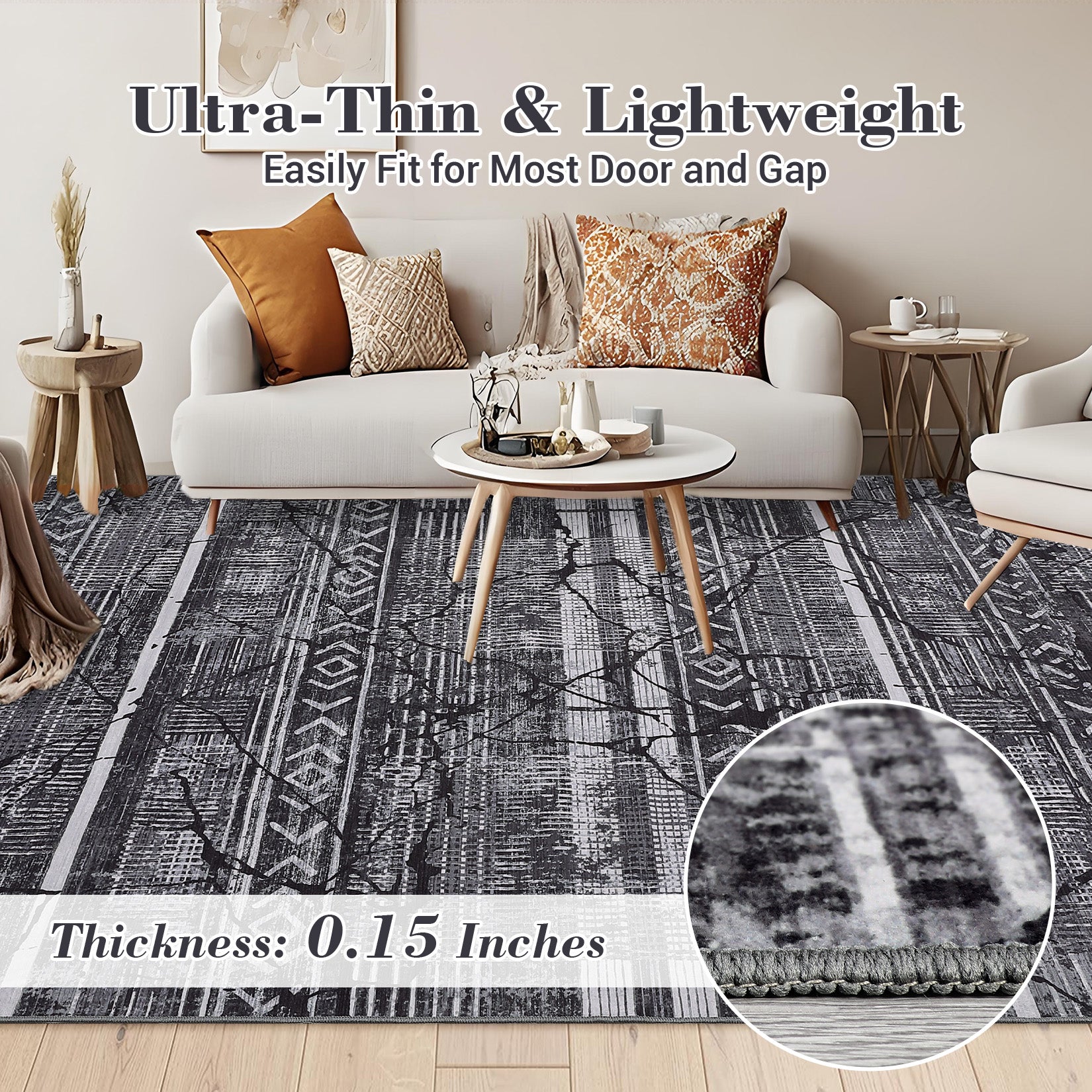 Garvee Boho Black-Grey 5x7 Washable Area Rugs for Living Room, Geometric Marble Boho Bedroom Rugs Ultra Thin Non-Slip Indoor Rugs Floor Carpet for Dining Room