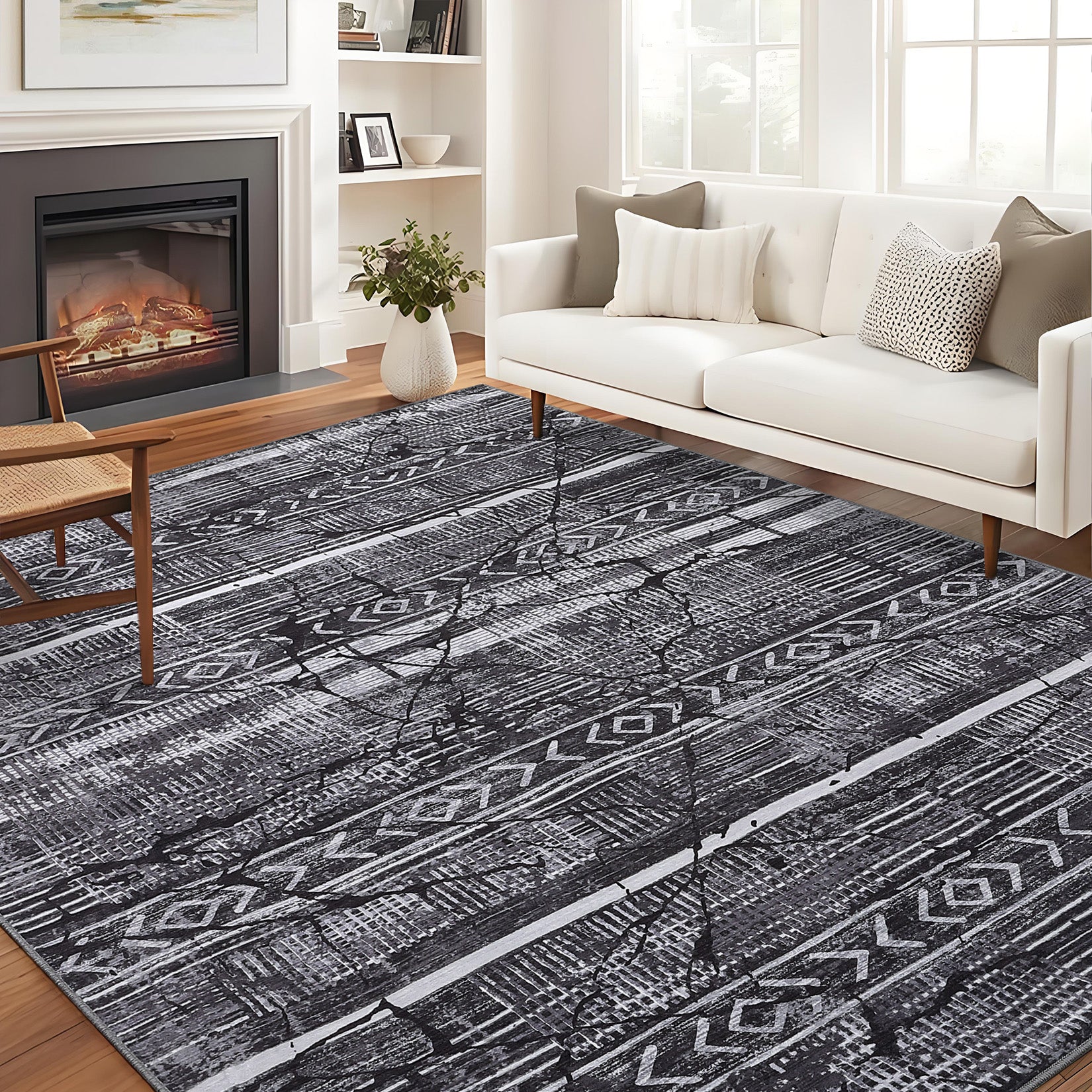 Garvee Boho Black-Grey 5x7 Washable Area Rugs for Living Room, Geometric Marble Boho Bedroom Rugs Ultra Thin Non-Slip Indoor Rugs Floor Carpet for Dining Room