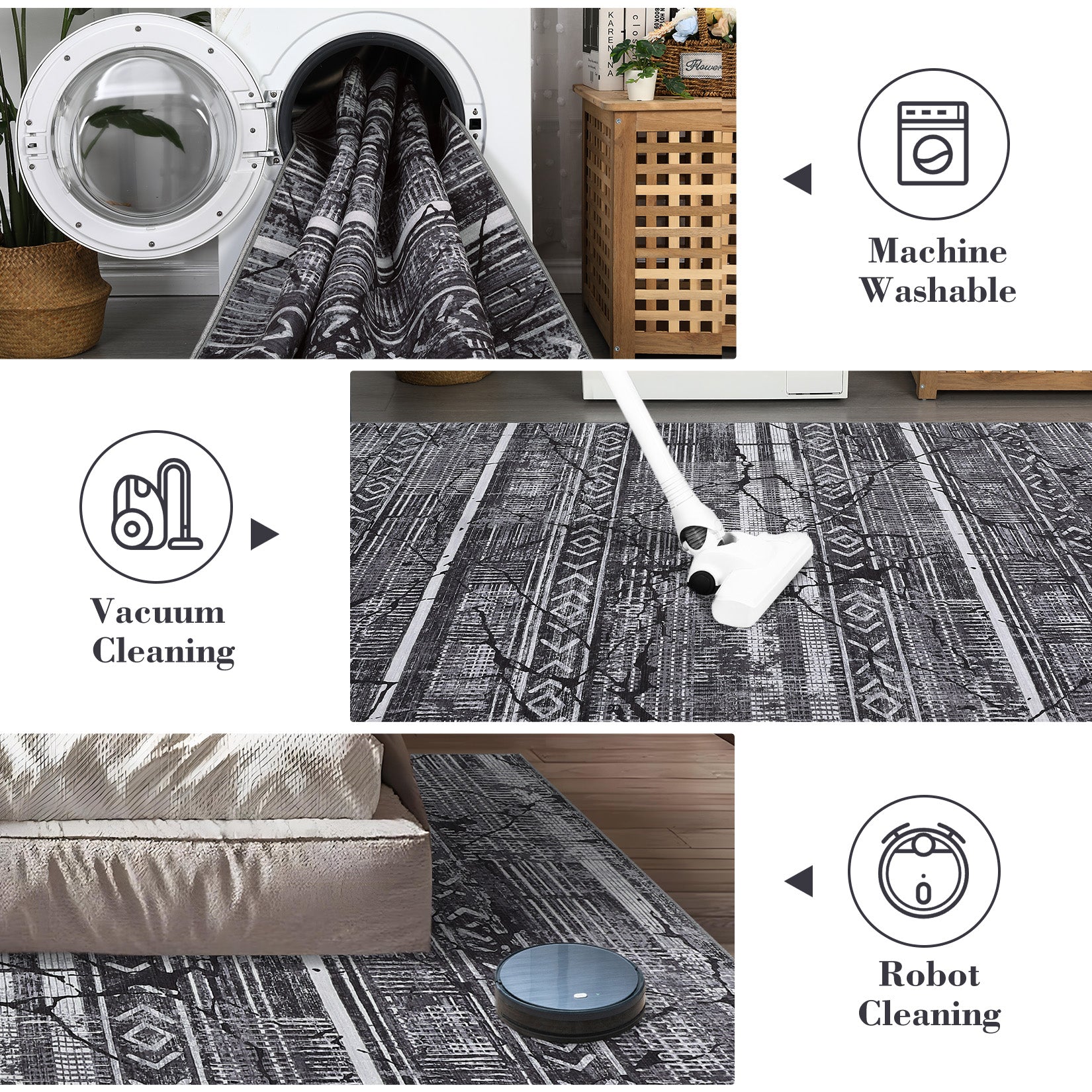 Garvee Boho Black-Grey 5x7 Washable Area Rugs for Living Room, Geometric Marble Boho Bedroom Rugs Ultra Thin Non-Slip Indoor Rugs Floor Carpet for Dining Room