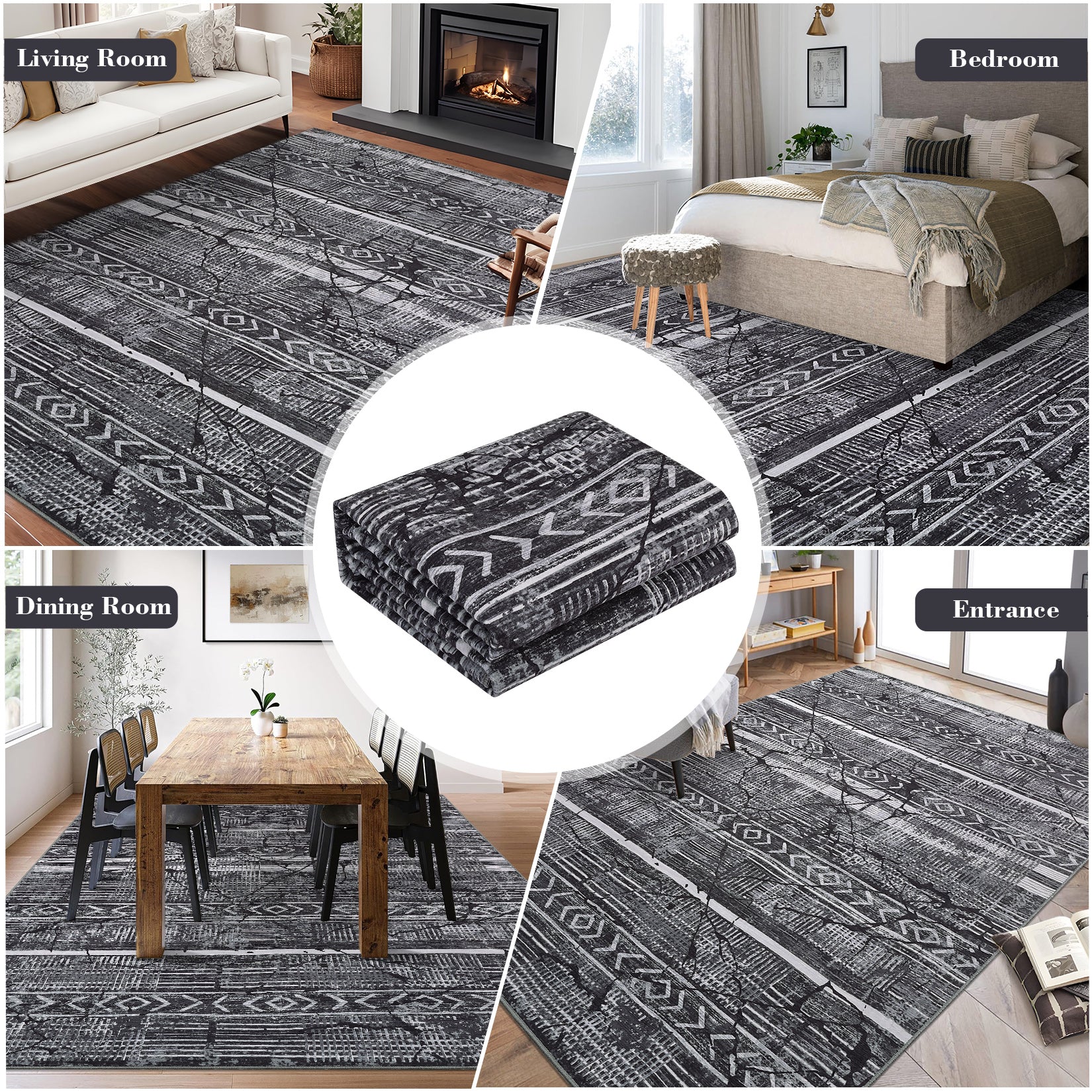 Garvee Boho Black-Grey 5x7 Washable Area Rugs for Living Room, Geometric Marble Boho Bedroom Rugs Ultra Thin Non-Slip Indoor Rugs Floor Carpet for Dining Room